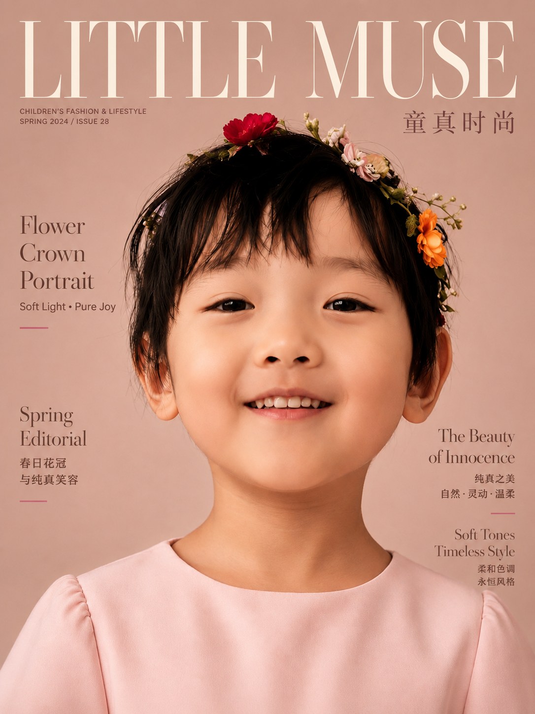 粉色杂志封面式版面中是一名戴花冠的女孩近景肖像，周围有中英文装饰文字