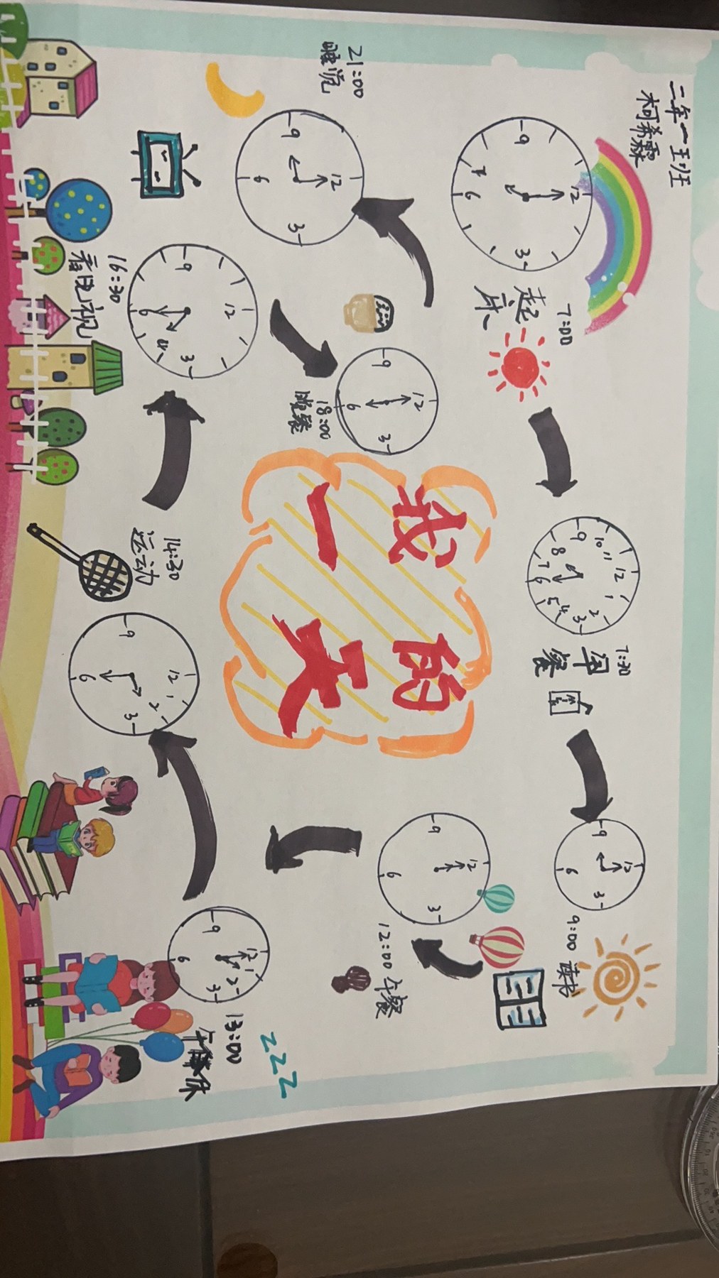 一张横向拍摄的手绘作息安排表，以多个钟表、箭头和图标表示起床、早餐、学习、休息等日程
