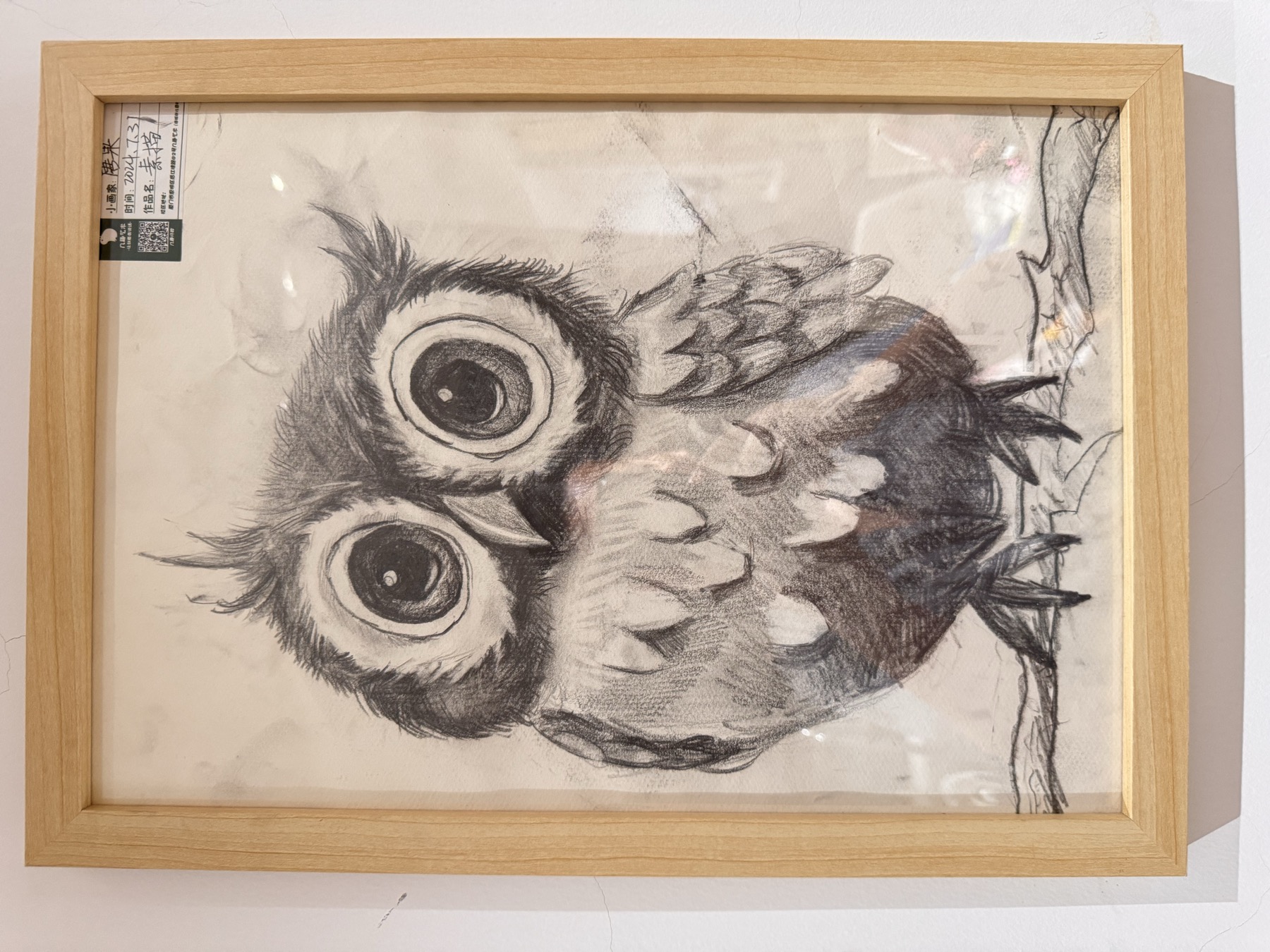 一幅装框的双猫头鹰铅笔素描作品 墙面标签含二维码 日期和手写信息